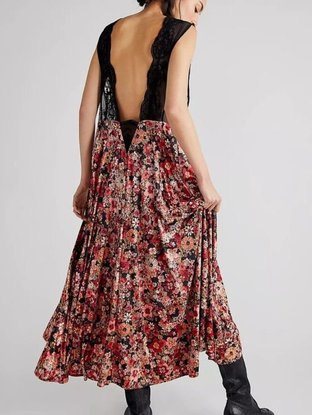 Free People Hideaway Maxi Dress Vest Top XS Lace Velvet Floral Gothic